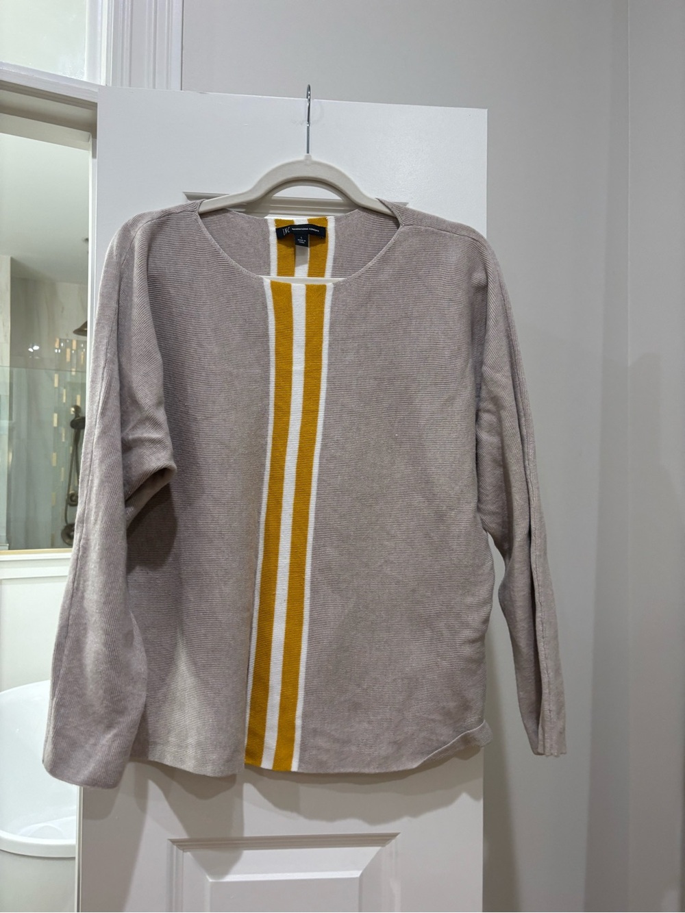 INC International Concepts Taupe Crewneck Sweater with Mustard and White Stripe
